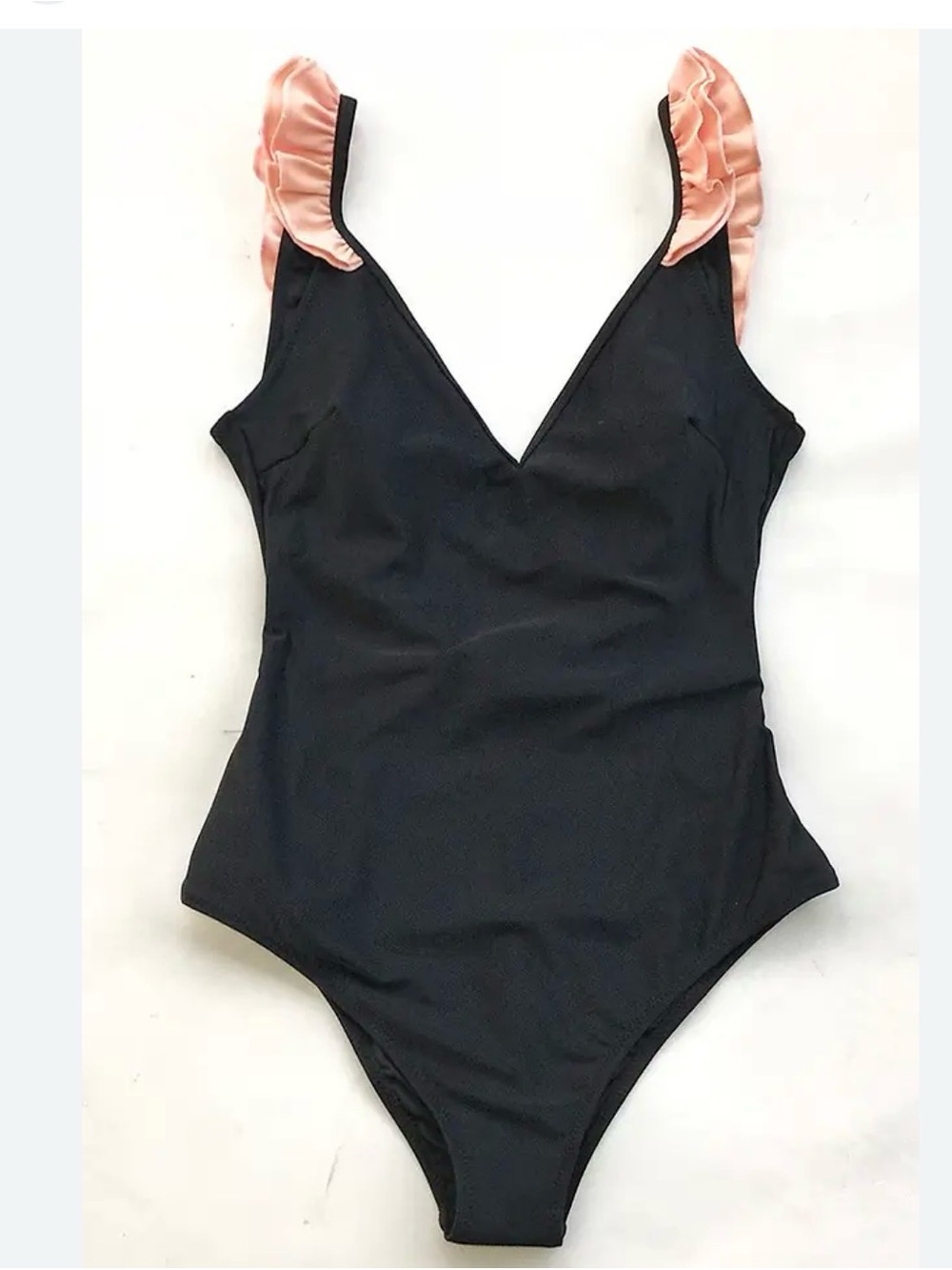 CUPSHE Women's Black with Pink Ruffle V-Neck One-Piece Swimsuit size small